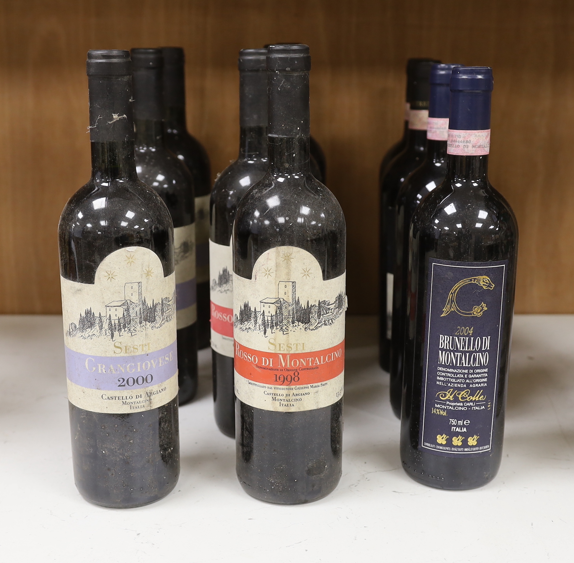 Eleven bottles of various wines to include four bottles of Grangiovese 2000, Rossi di Montalcino1998, 2000, 2006 and four other wines